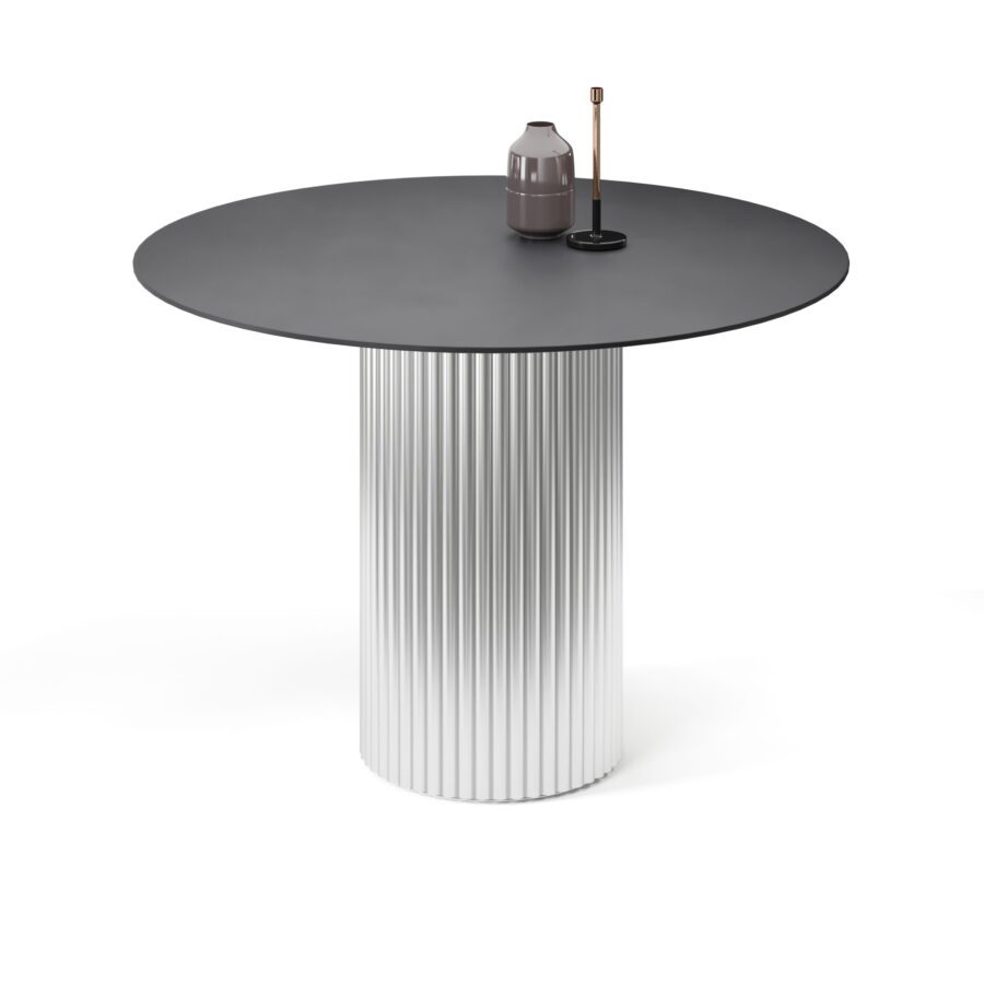 Felis round table in enamel: silver base, graphite tabletop