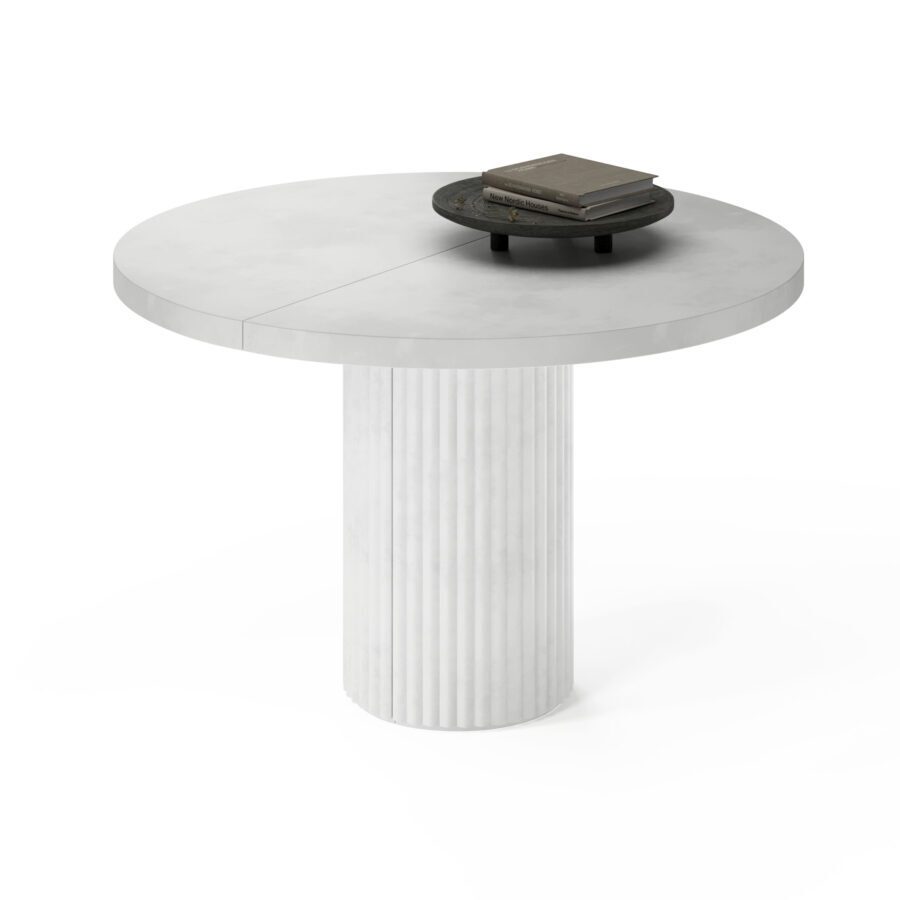 Dalim Extendable Table in Enamel: white base, concrete tabletop