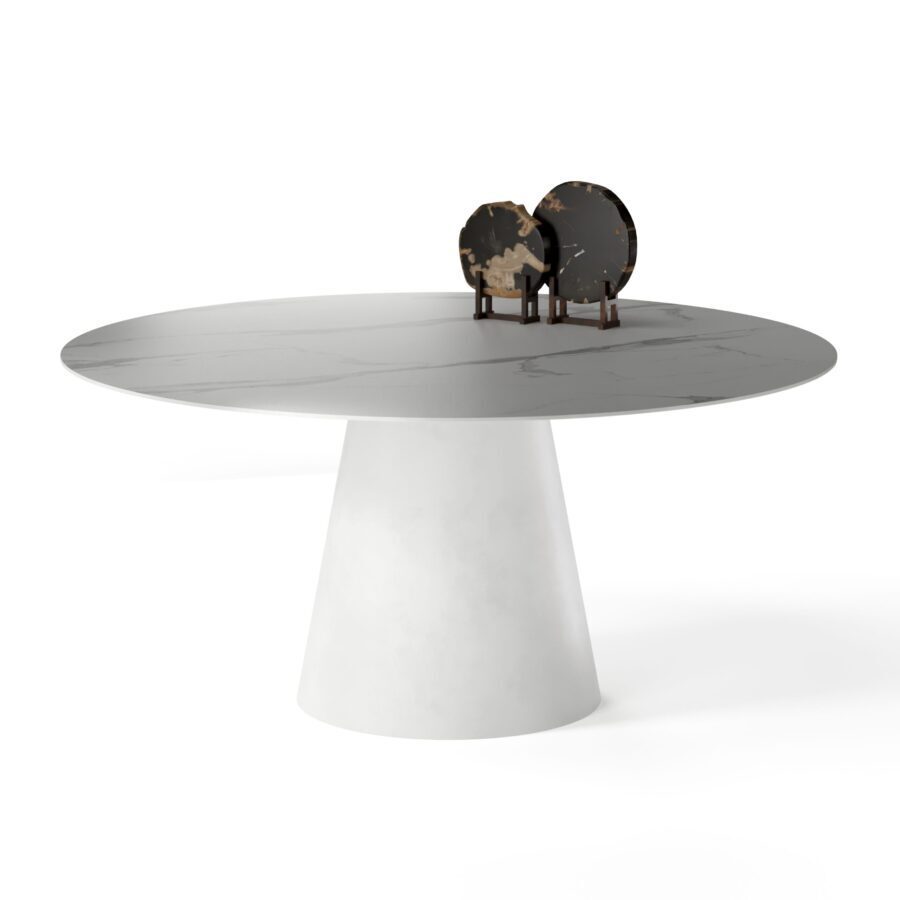 Alkor Round Table, enamel: white base, white marble tabletop