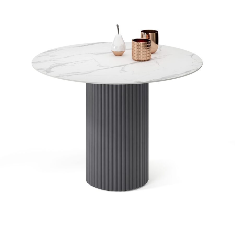 Felis Round Table in Enamel: Graphite Base, White Marble Tabletop