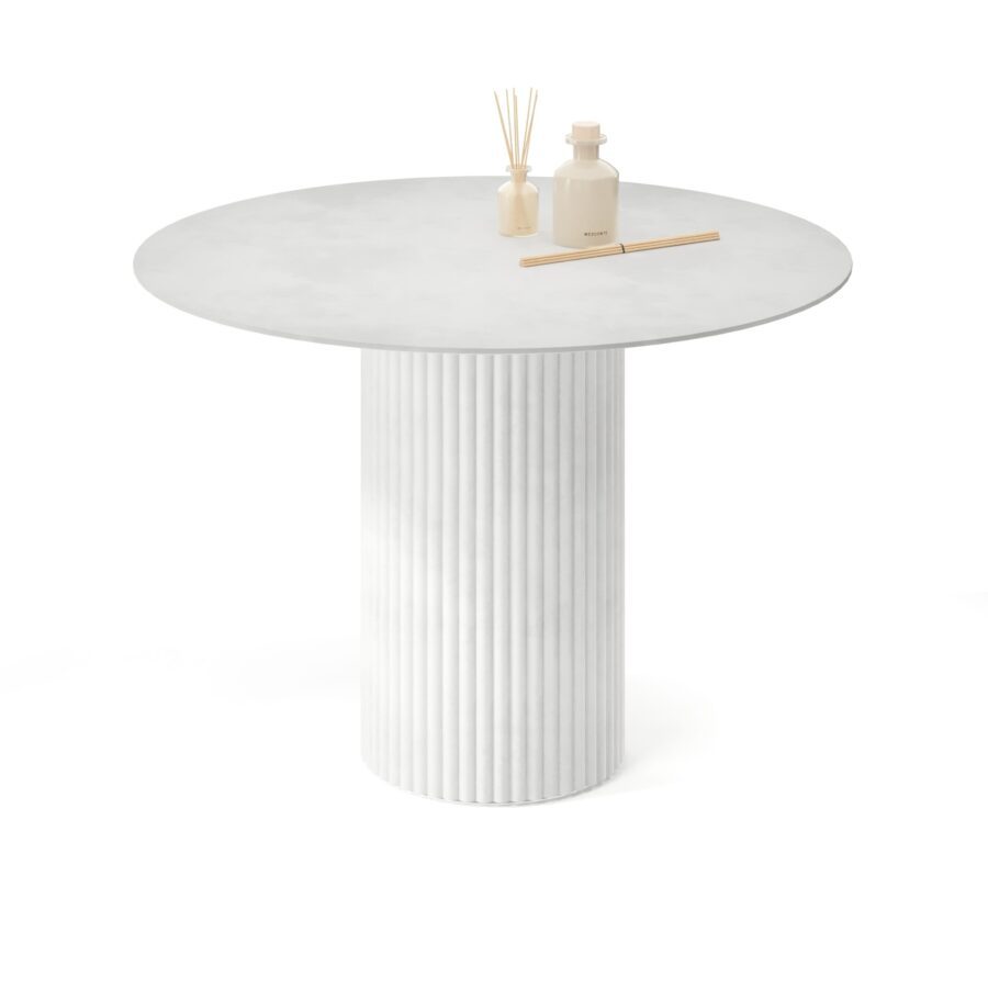Felis Round Table in Enamel: White Base, Concrete Tabletop