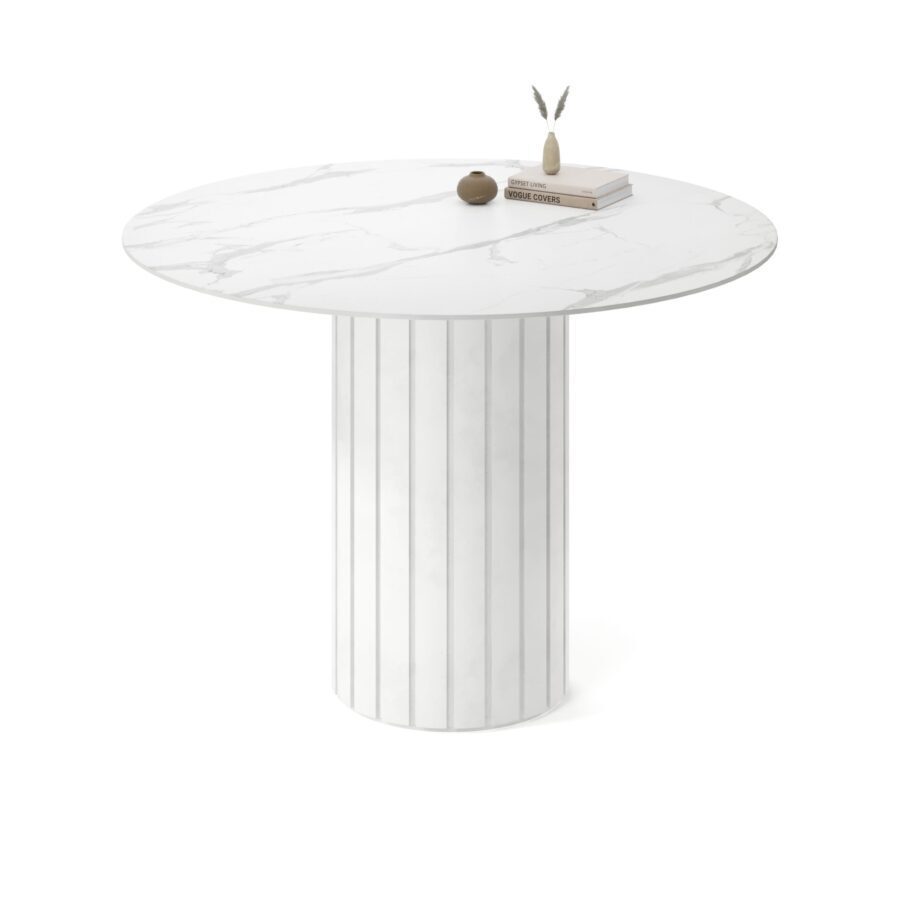 Melef Round Table in Enamel: White Base, White Marble Tabletop