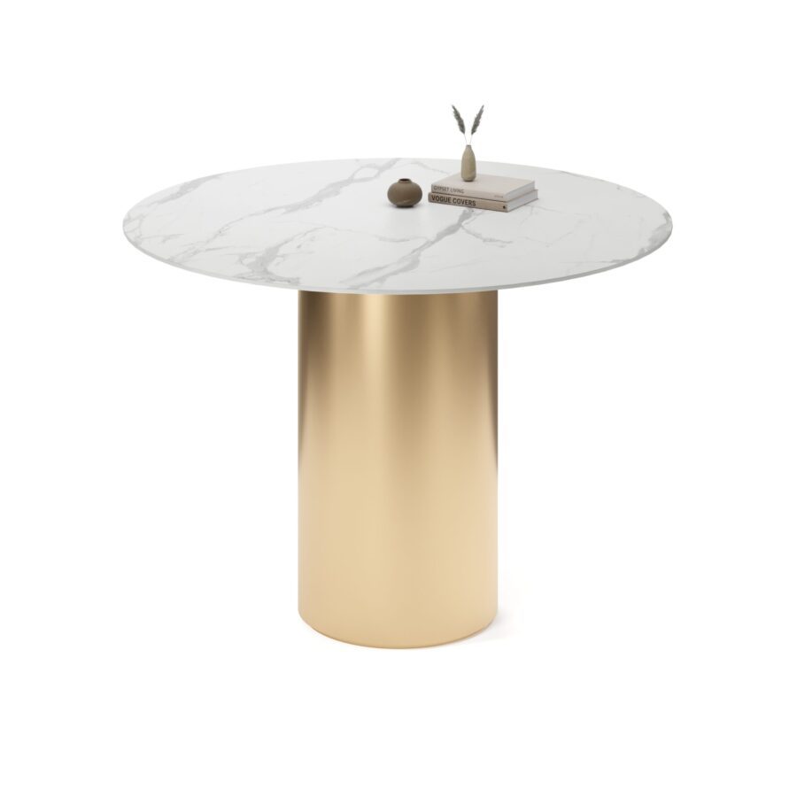 Vurren Round Table, enamel: gold base, white marble tabletop