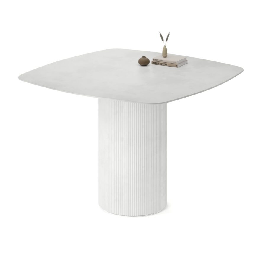 Aliya square table in enamel: white base, concrete tabletop