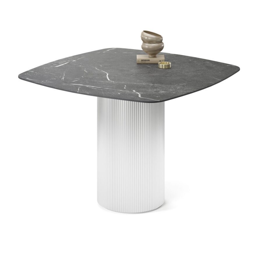 Aliya square table in enamel: white base, black marble tabletop