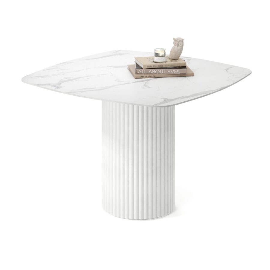 Felis square table in enamel: white base, white marble tabletop