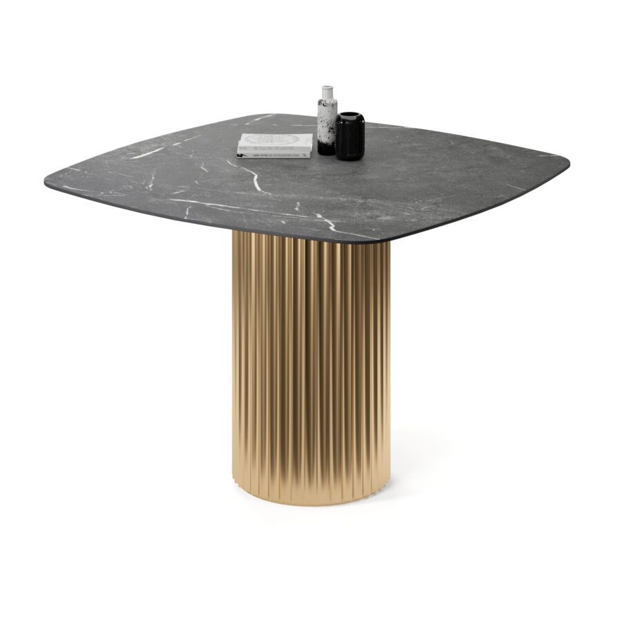 Kapella square table in enamel: gold base, black marble tabletop