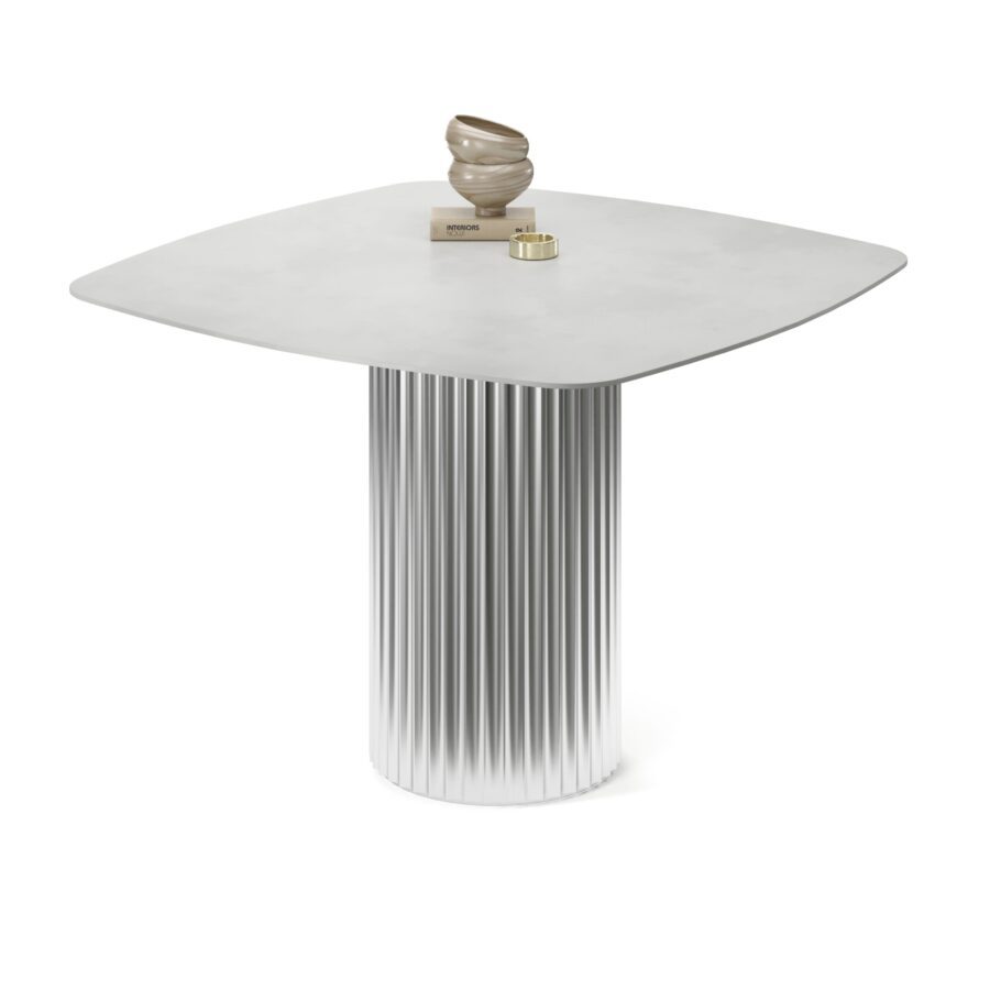Kapella square table in enamel: silver base, concrete tabletop