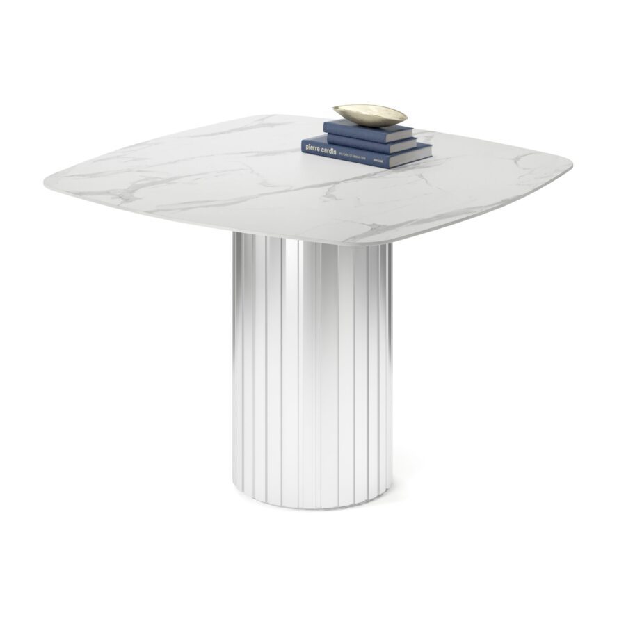 Keid Square Table, enamel: silver base, white marble tabletop