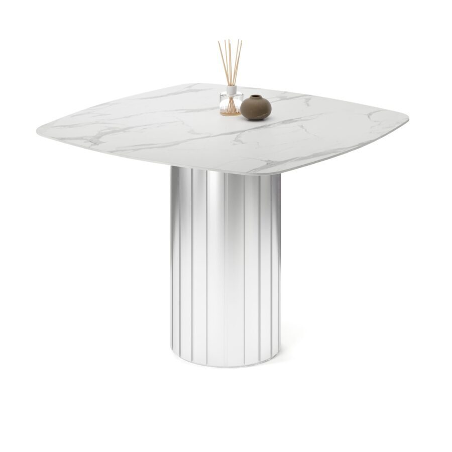 Melef Square Table, enamel: silver base, white marble tabletop