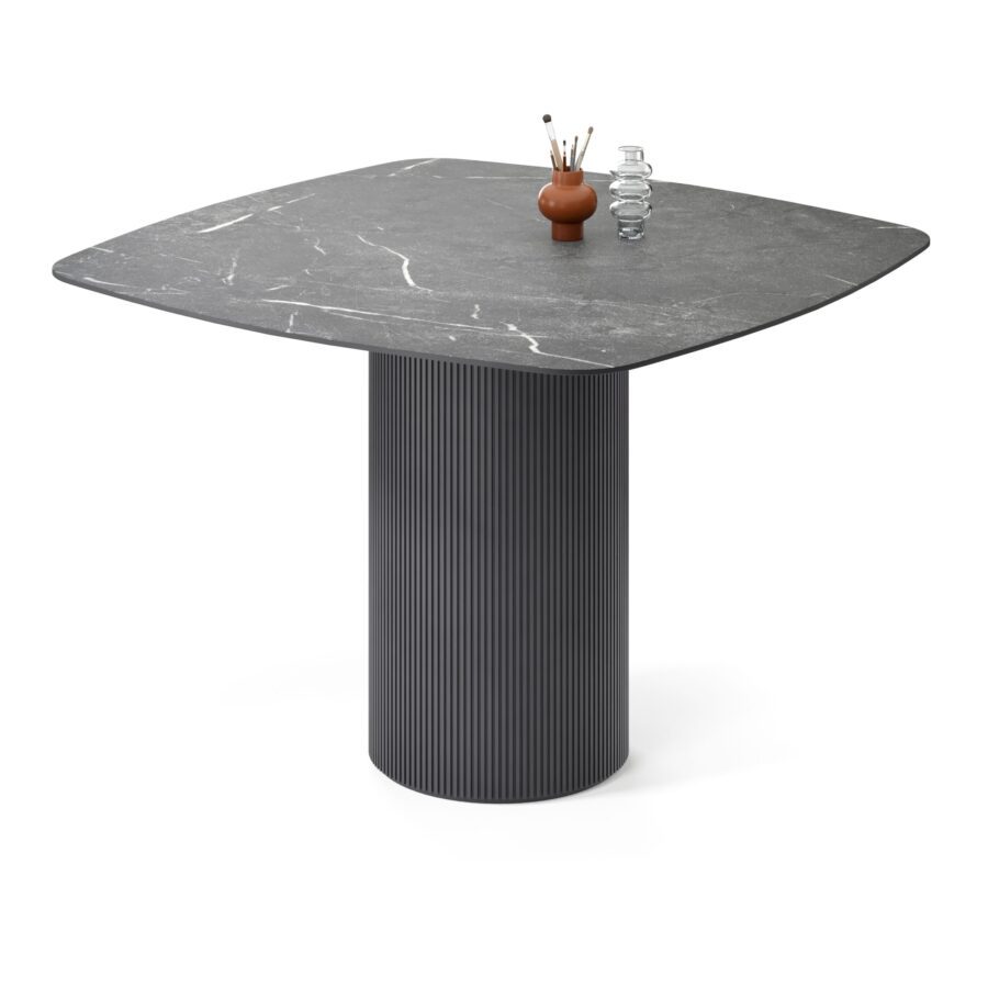 Subra Square Table, enamel: graphite base, black marble tabletop