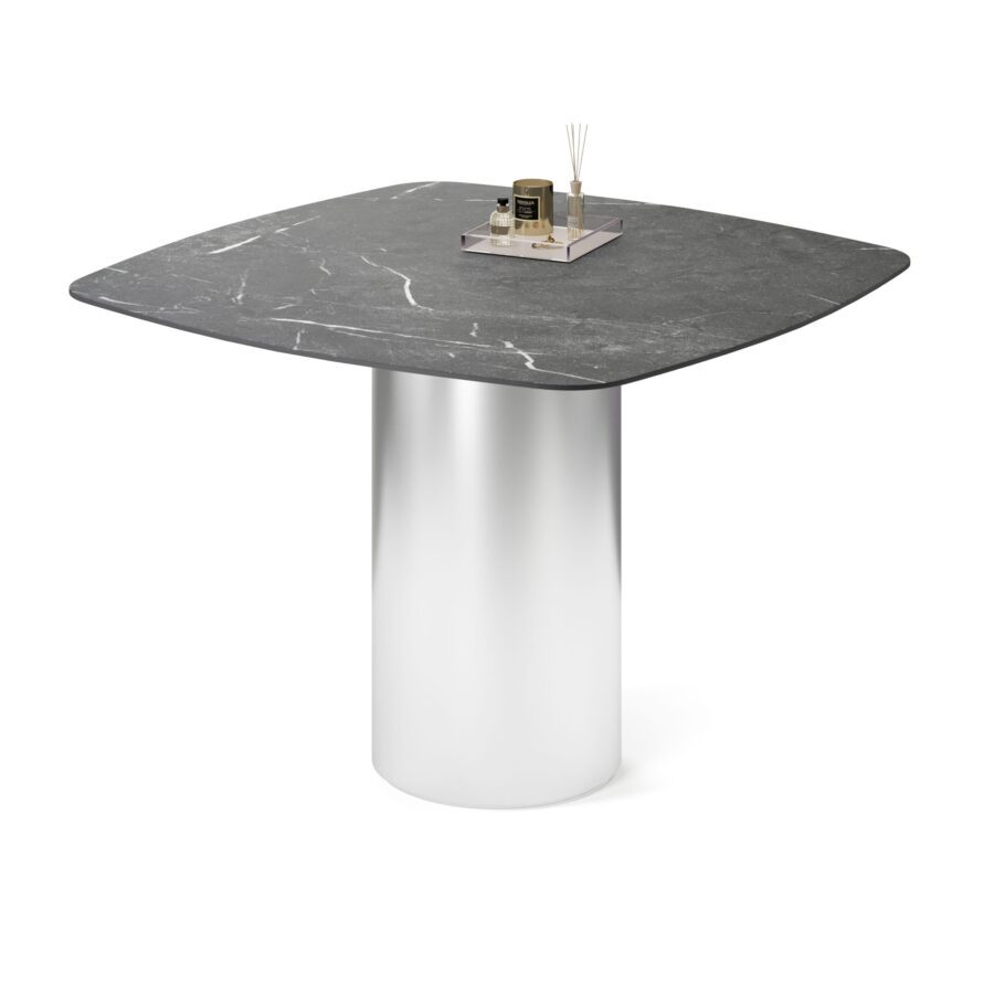 Vurren square table in enamel: silver base, black marble tabletop