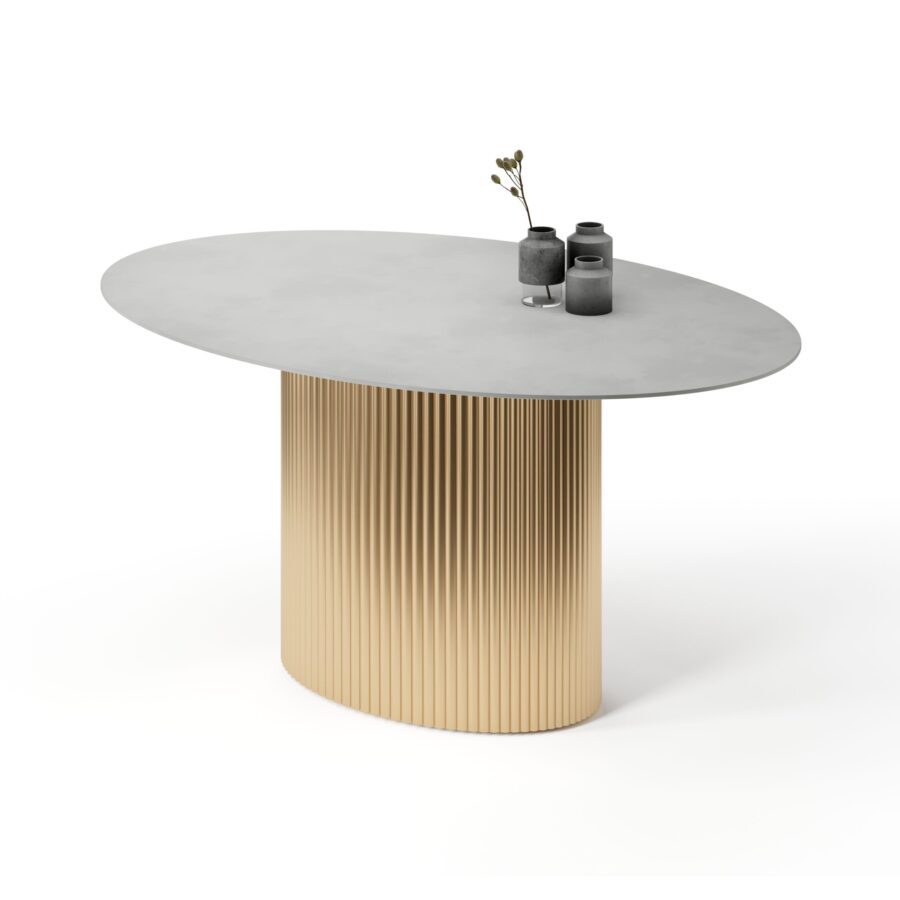 Errai oval table in enamel: gold base, concrete tabletop