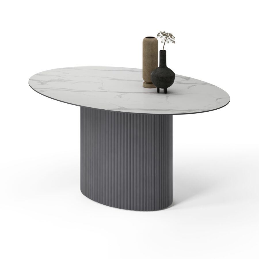 Errai oval table in enamel: graphite base, white marble tabletop