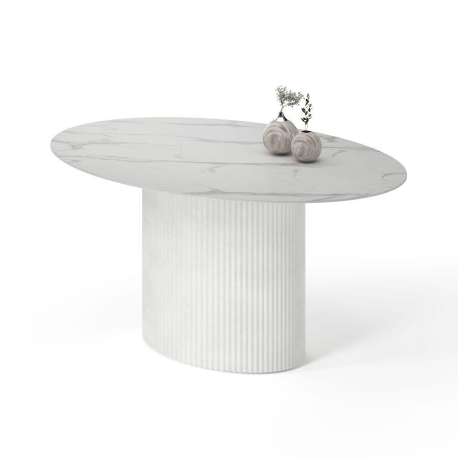 Errai oval table in enamel: white base, white marble tabletop
