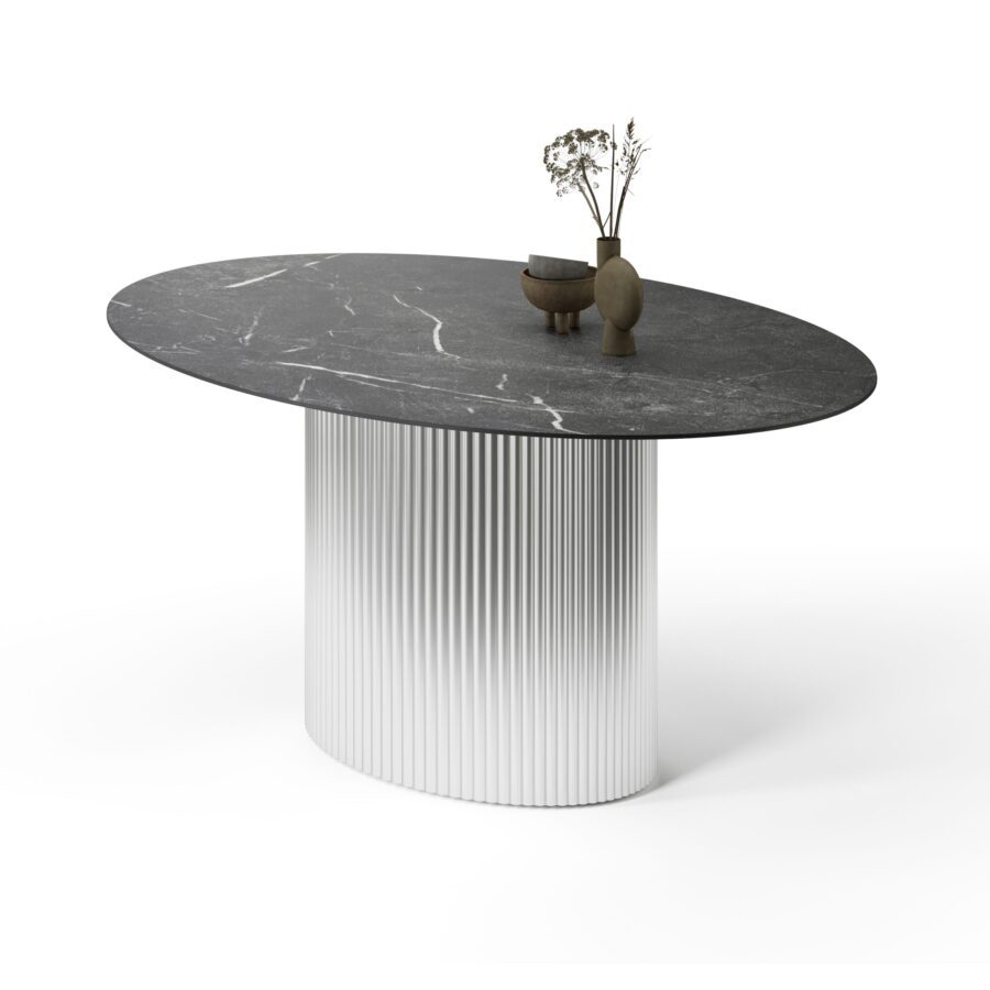 Errai oval table in enamel: silver base, black marble tabletop