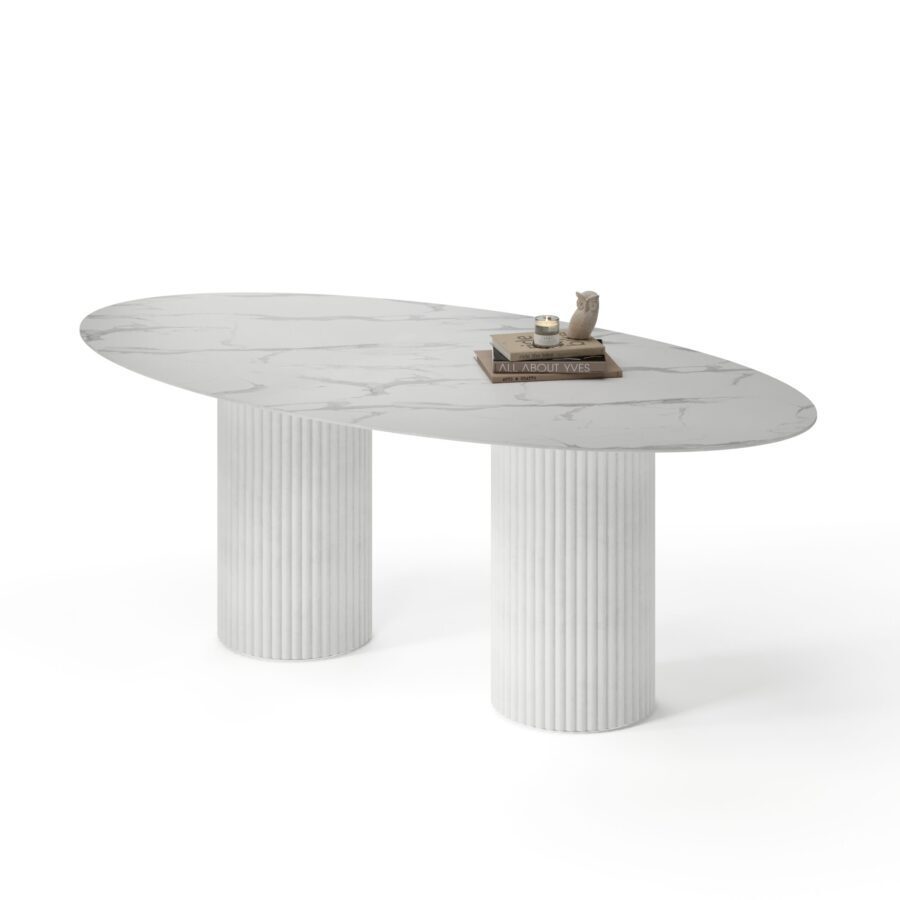 Hedus oval table in enamel: white base, white marble tabletop