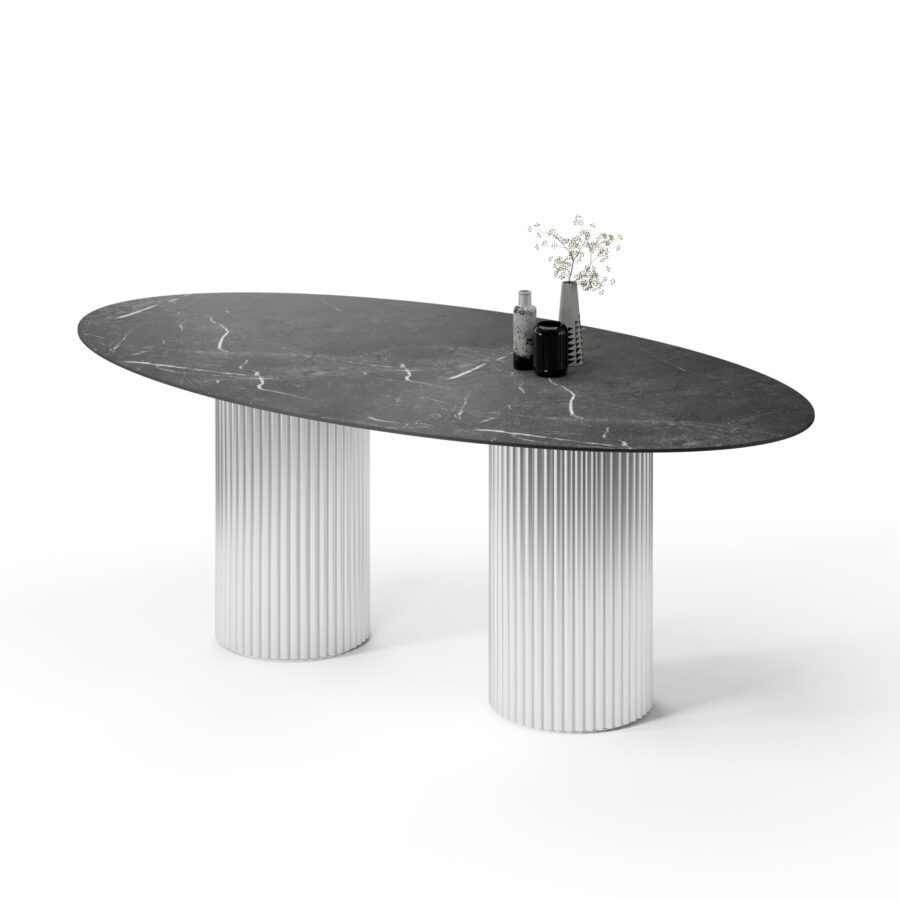Hedus oval table in enamel: white base, black marble tabletop