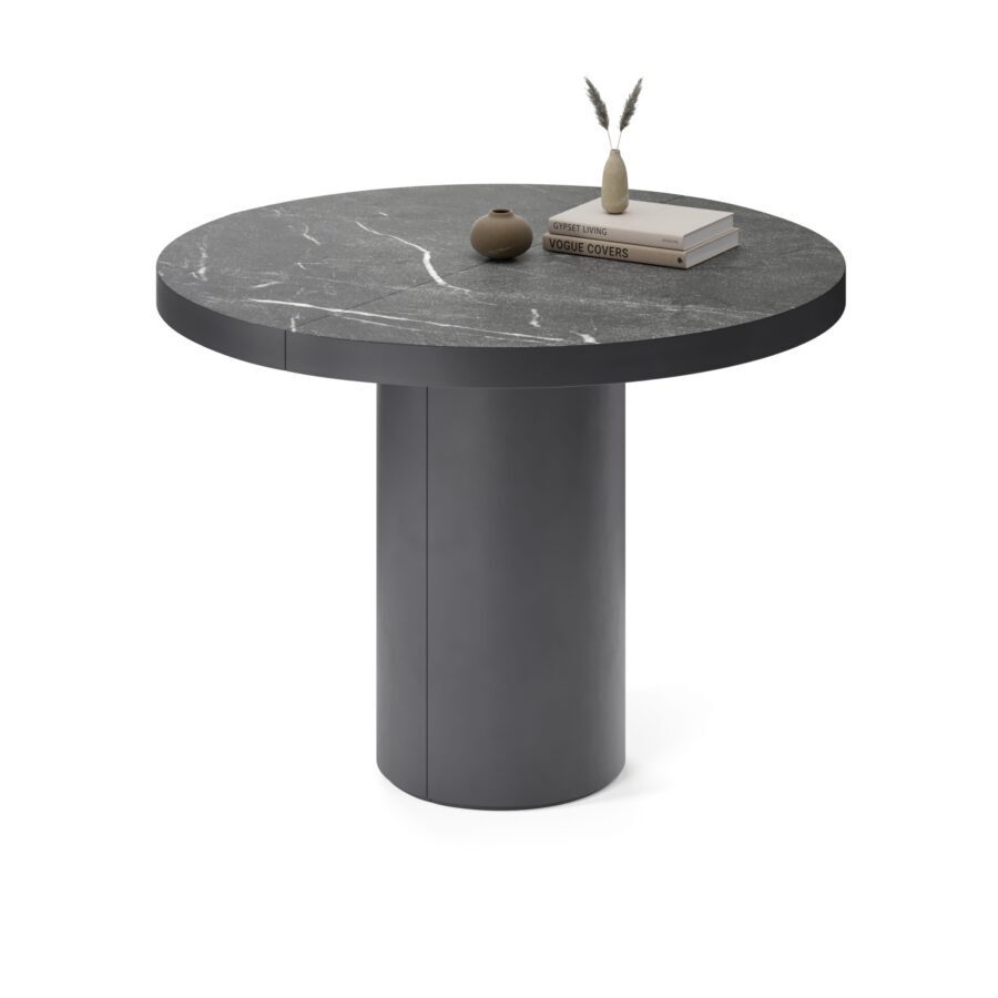 Avior extendable table in enamel: graphite base, black marble tabletop