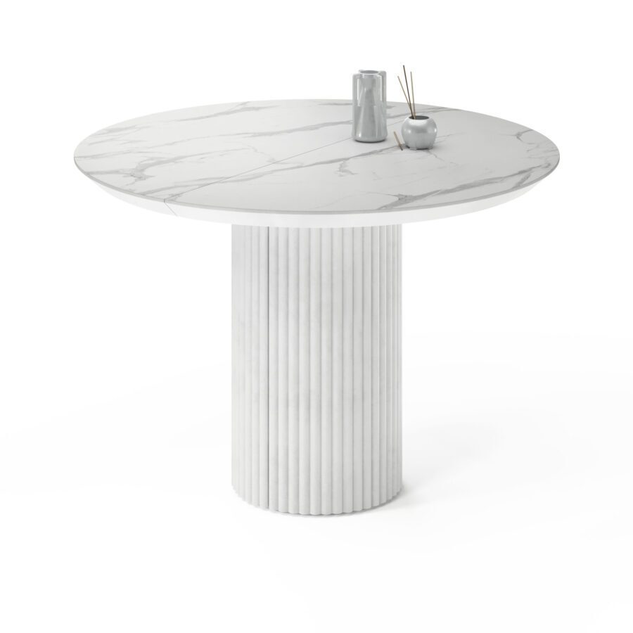Extending table Botein in enamel: white base, white marble tabletop