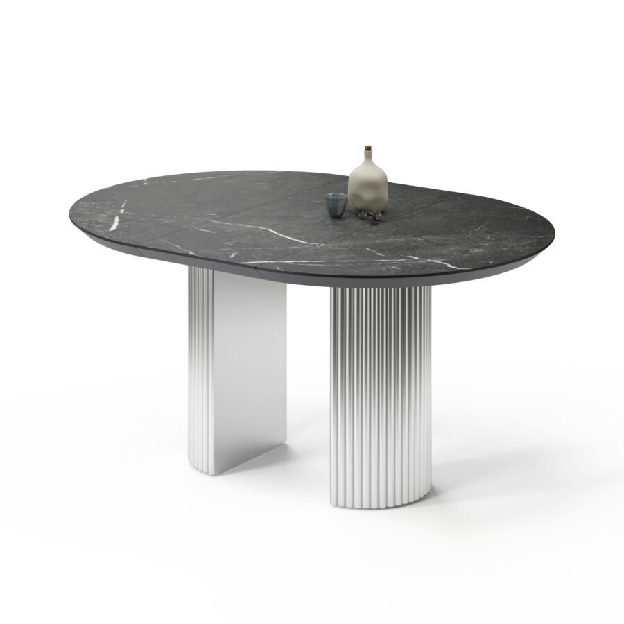 Extending table Botein in enamel: white base, black marble tabletop — photo 2