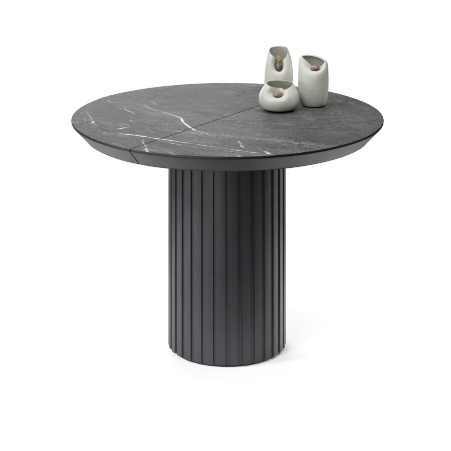 Dors Extendable Table in Enamel: graphite base, black marble tabletop