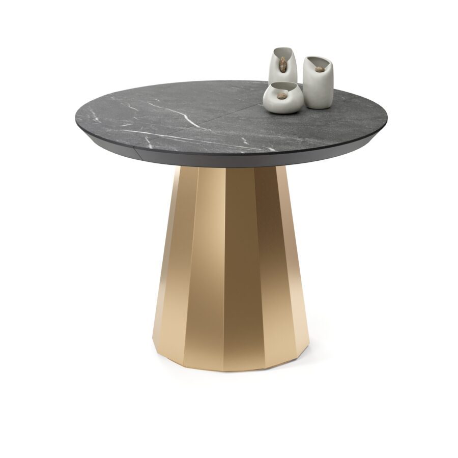 Favaris extendable table in enamel: gold base, black marble tabletop