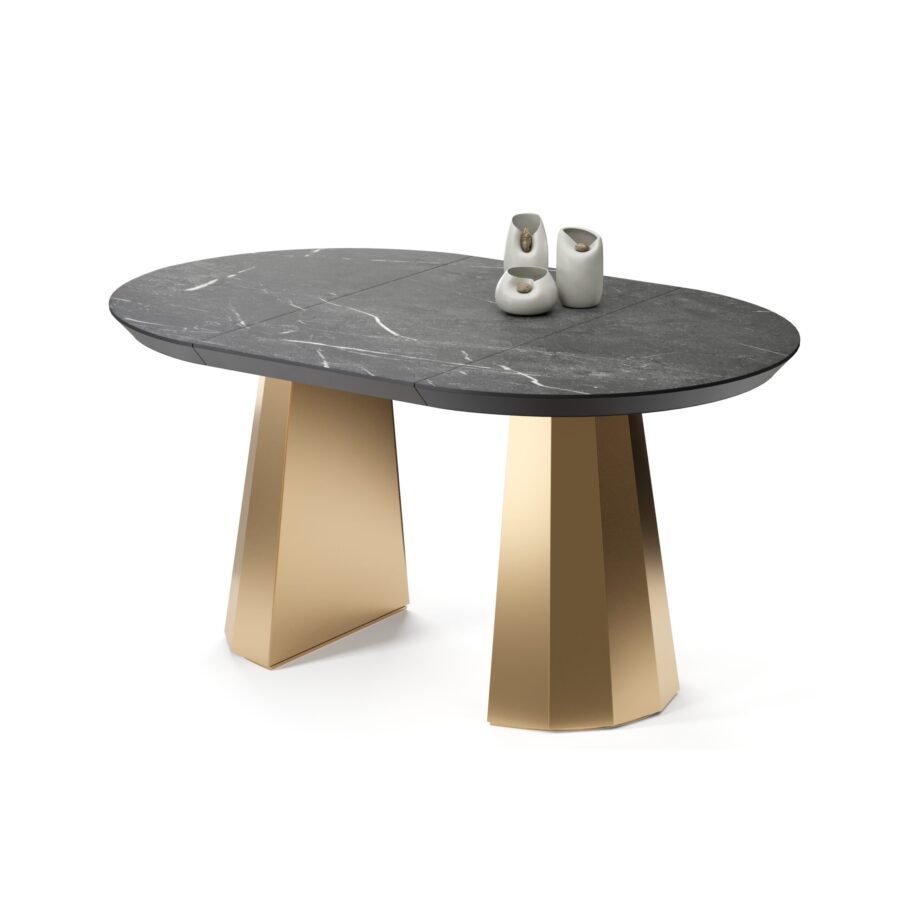 Favaris extendable table in enamel: gold base, black marble tabletop — photo 2