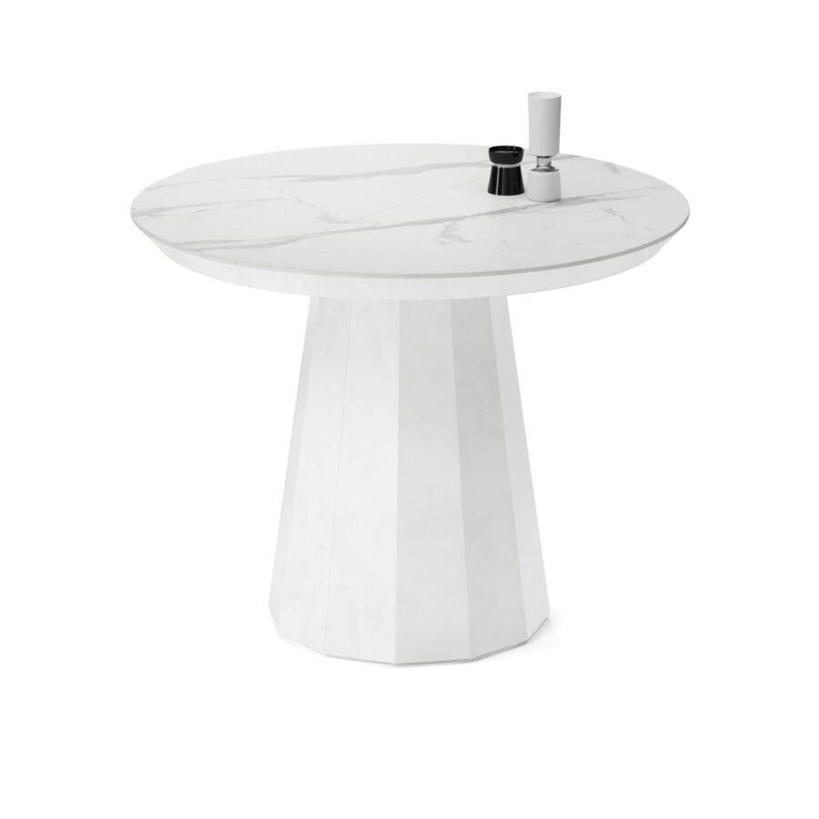 Favaris extendable table in enamel: white base, white marble tabletop