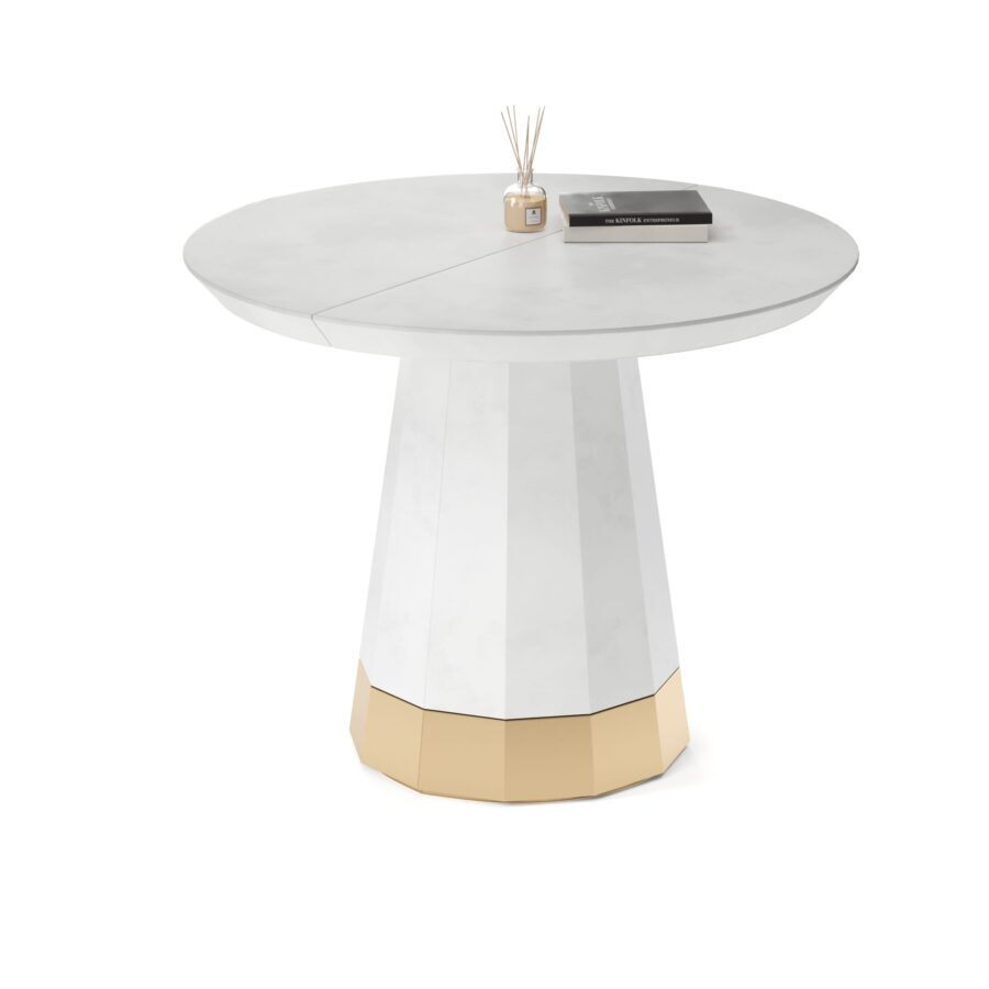 Favaris extendable table in enamel: white base with gold insert, white marble tabletop