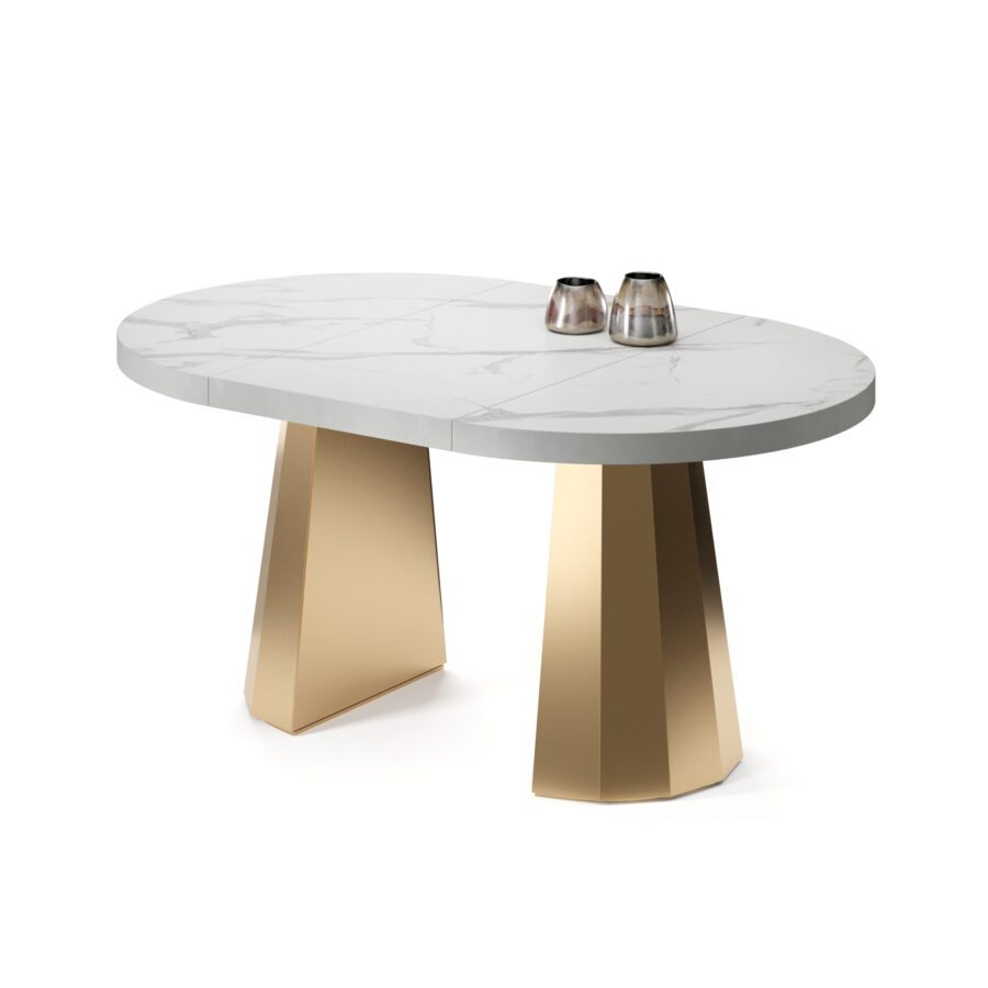 Khatisa extendable table in enamel: gold base, white marble tabletop — photo 2