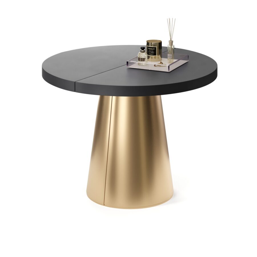 Kastra Extendable Table in Enamel: gold base, black tabletop