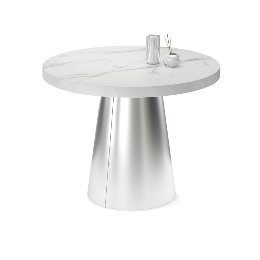 Kastra Extendable Table in Enamel: silver base, white marble tabletop