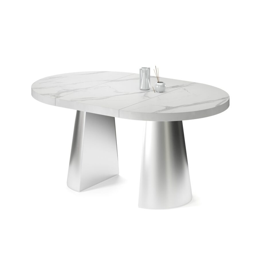 Kastra Extendable Table in Enamel: silver base, white marble tabletop — photo 2