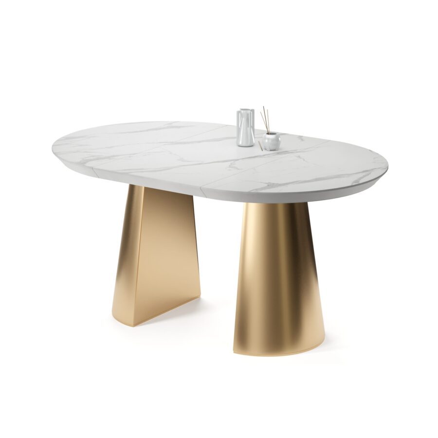 Kastula Extendable Table in Enamel: gold base, white marble tabletop — photo 2