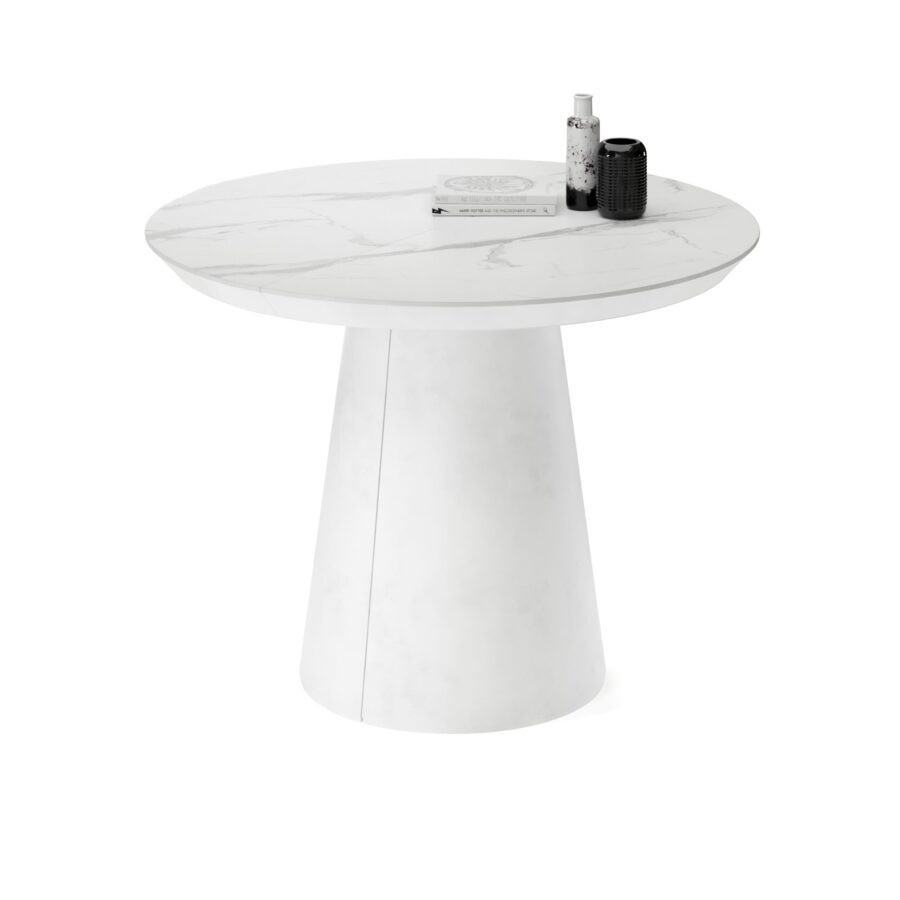Kastula Extendable Table in Enamel: white base, white marble tabletop