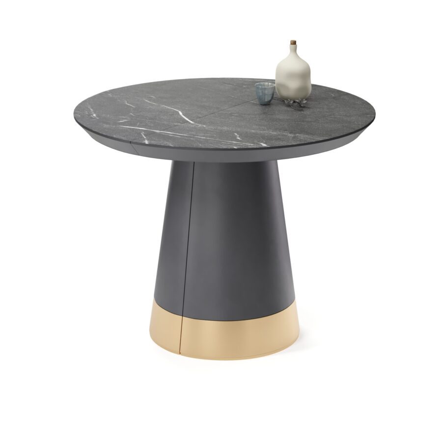 Kastula Extendable Table in Enamel: Graphite Base with Gold Insert, Black Marble Tabletop