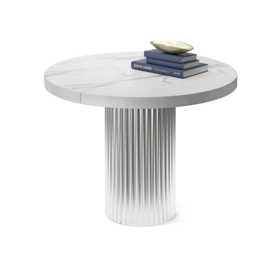 Meyssa Extendable Table in Enamel: Silver Base, White Marble Tabletop