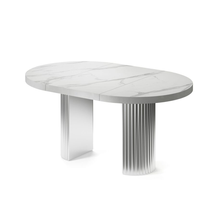 Meyssa Extendable Table in Enamel: Silver Base, White Marble Tabletop — photo 4