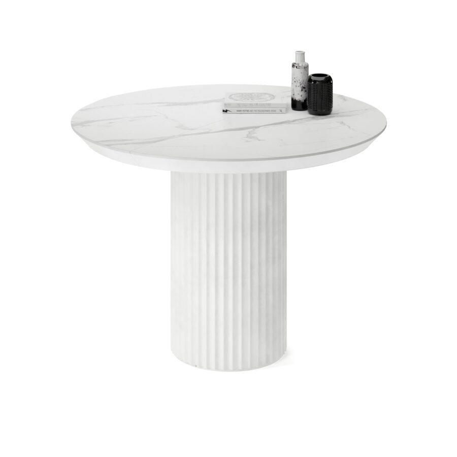 Navi Extendable Table in Enamel: White Base, White Marble Tabletop