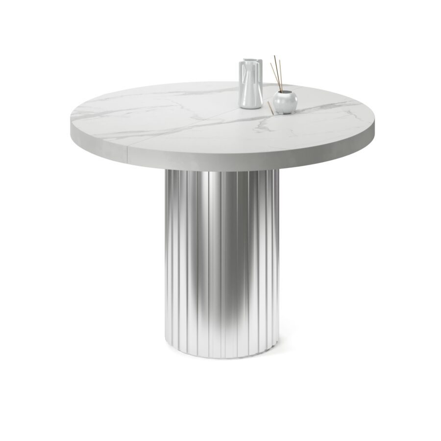 Regul Extendable Table in Enamel: Silver Base, White Marble Tabletop