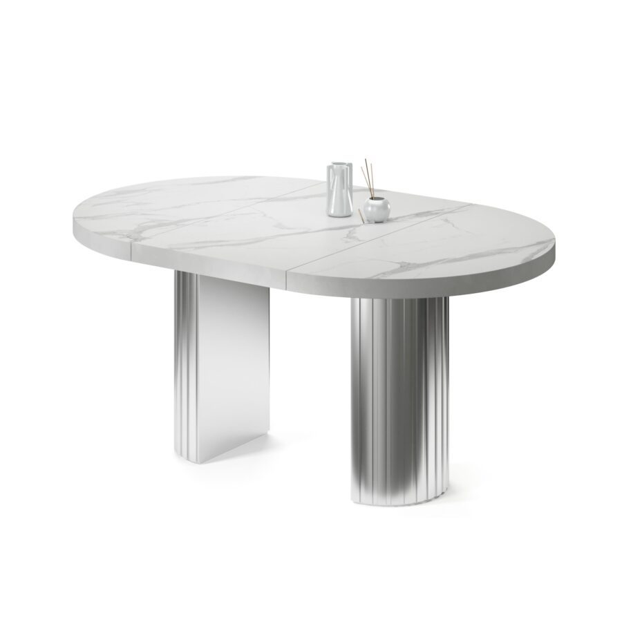 Regul Extendable Table in Enamel: Silver Base, White Marble Tabletop — photo 2
