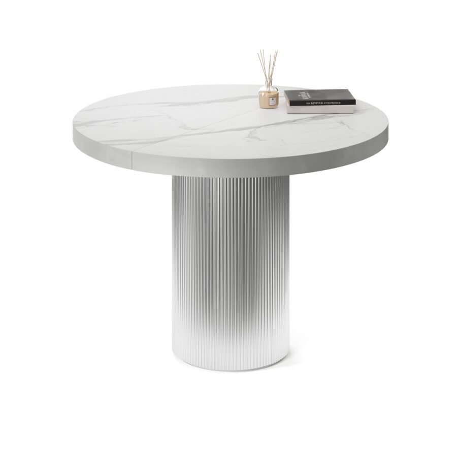 Tiaki extendable table in enamel: silver base, white marble tabletop