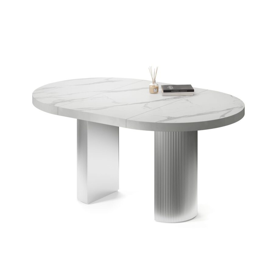 Tiaki extendable table in enamel: silver base, white marble tabletop — photo 2