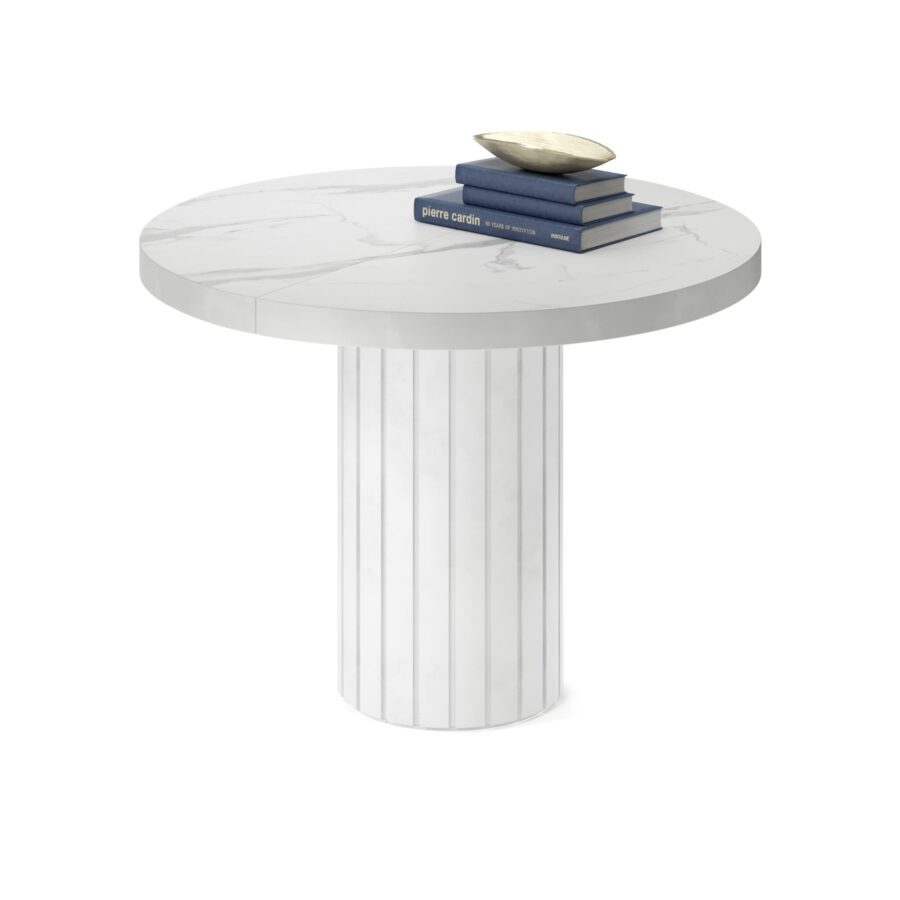 Tureis extendable table in enamel: white base, white marble tabletop