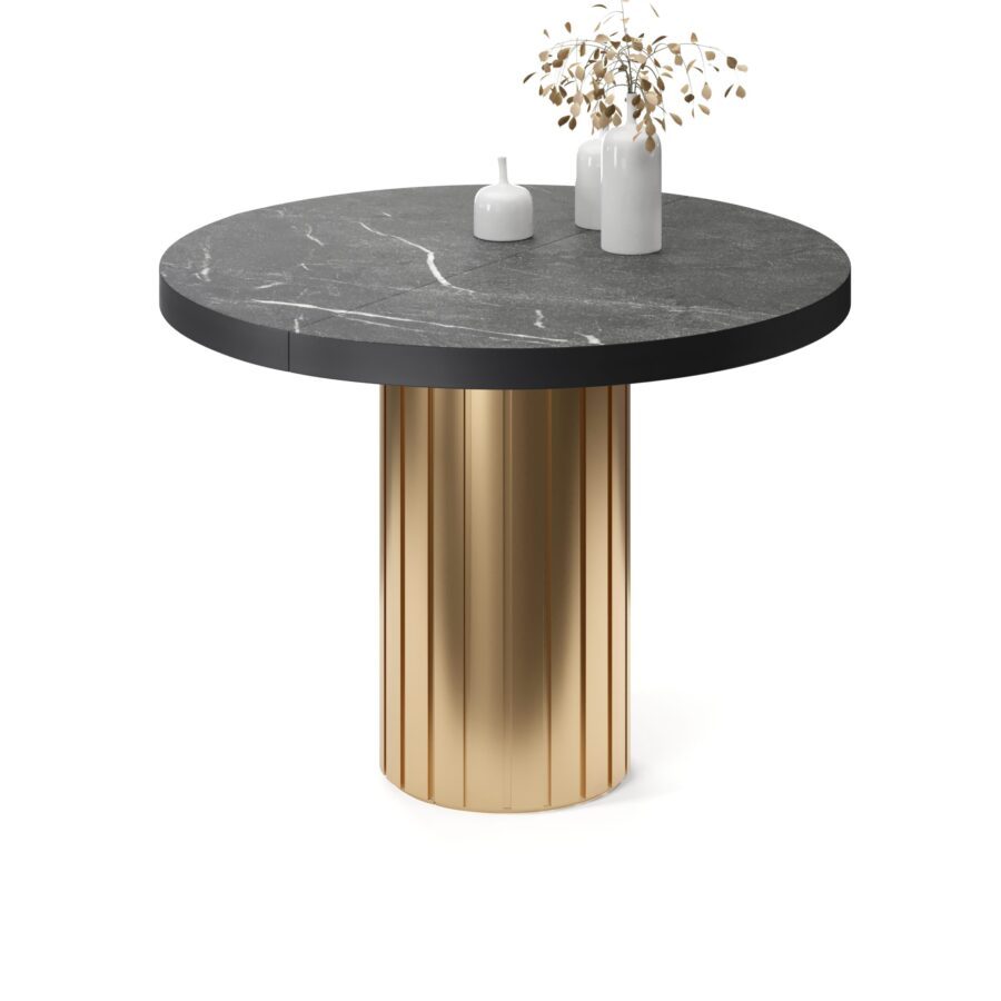 Tureis extendable table in enamel: gold base, black marble tabletop