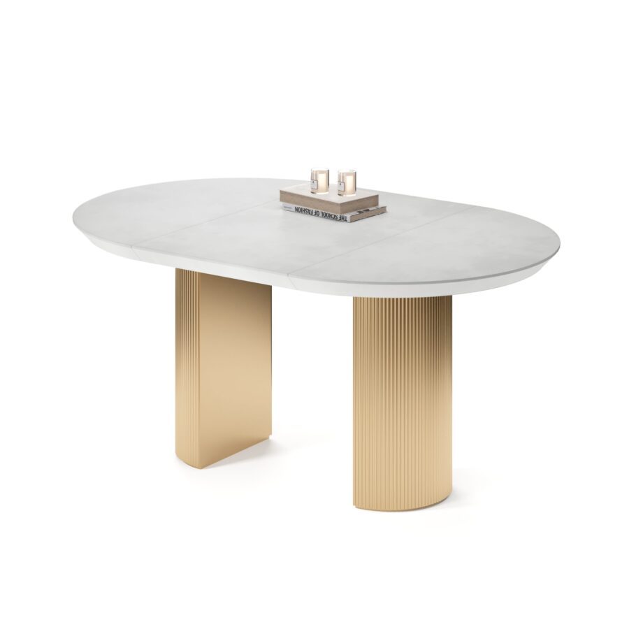 Vega Extendable Table in Enamel: gold base, concrete tabletop
