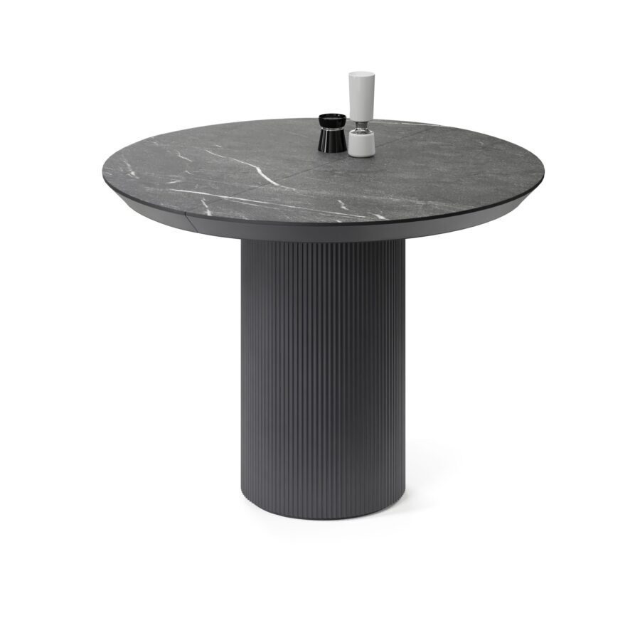 Vega Extendable Table in Enamel: graphite base, black marble tabletop