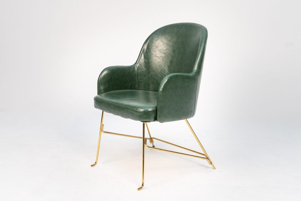 Armchair with high back, green, gold legs