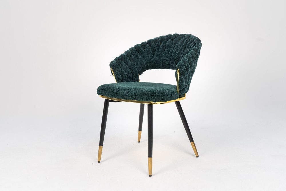 Chair with woven back, emerald, legs with gold tips